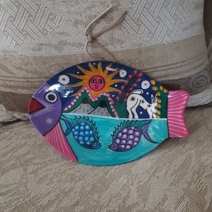 Ceramic Terracotta Painted Fish Wall Accent Plate